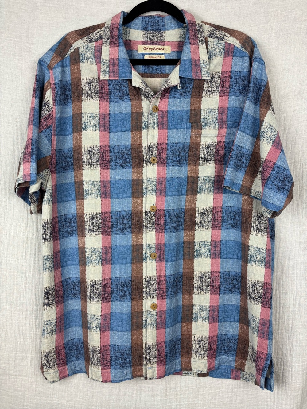 Tommy Bahama Plaid 100% Silk Short-Sleeve Loop Collar Button Shirt Men's L